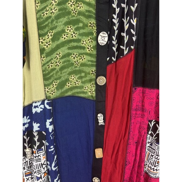 La Cera Maxi Dress Button Up Patchwork Boho Artsy Colorful Pockets Women's L NEW - Picture 3 of 9